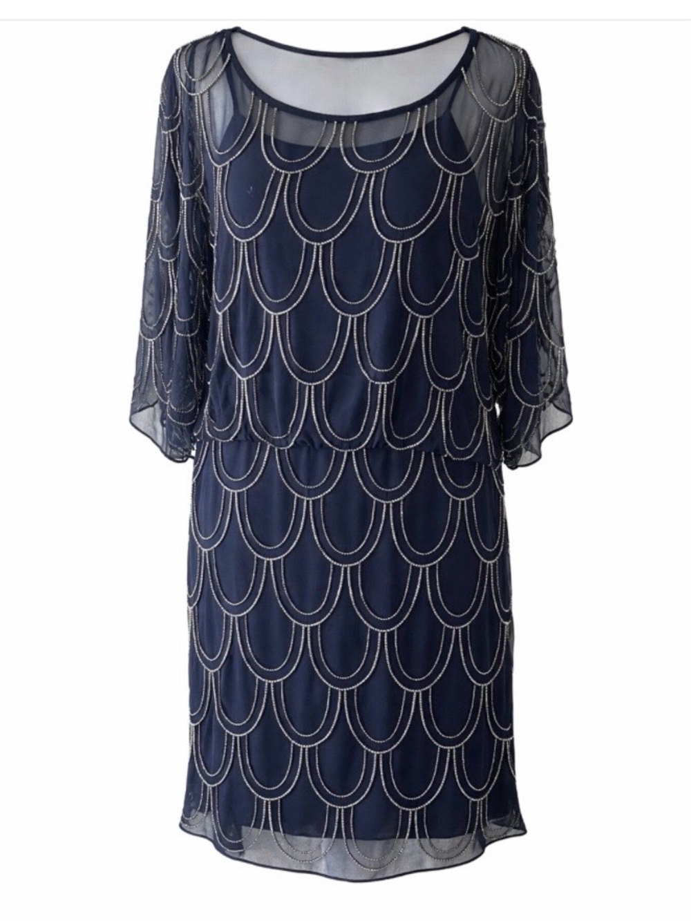Cache Navy Blue Beaded Dress Size 2 Chiffon Cocktail Blousan Art Deco